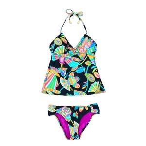 ⭐️Trina Turk⭐️Tankini Halter Set Neon Floral Paisley Black Swimsuit Swim Bikini